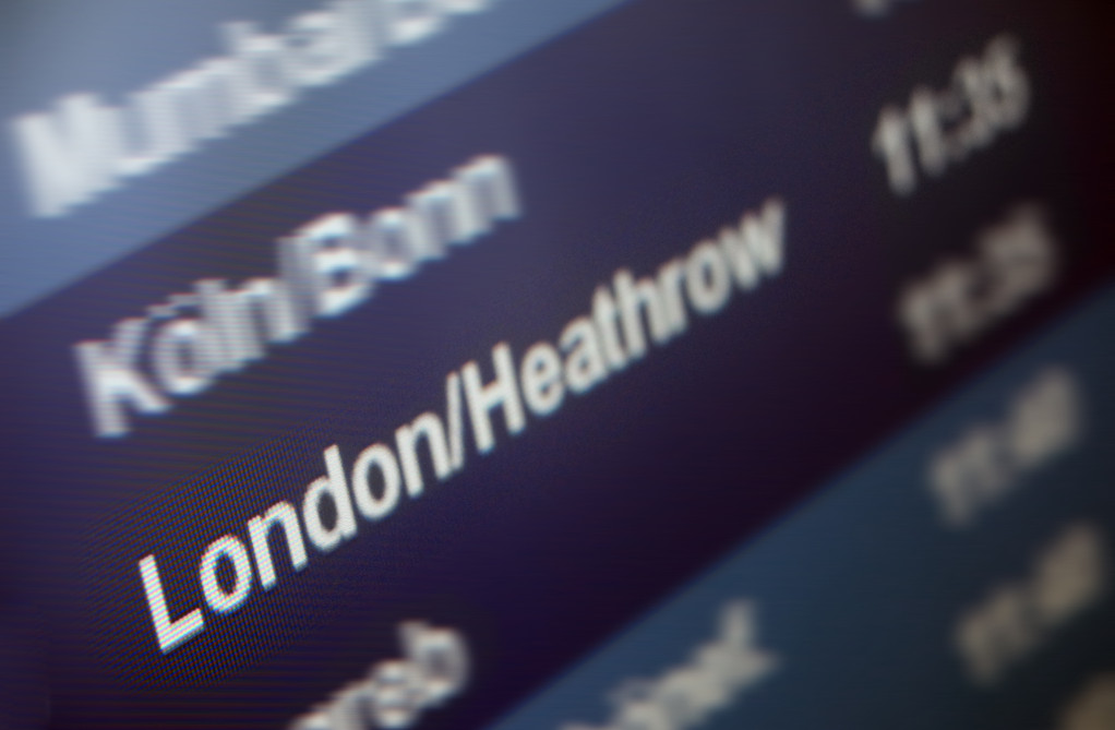 Airport departure Board showing departure to London, Heathrow