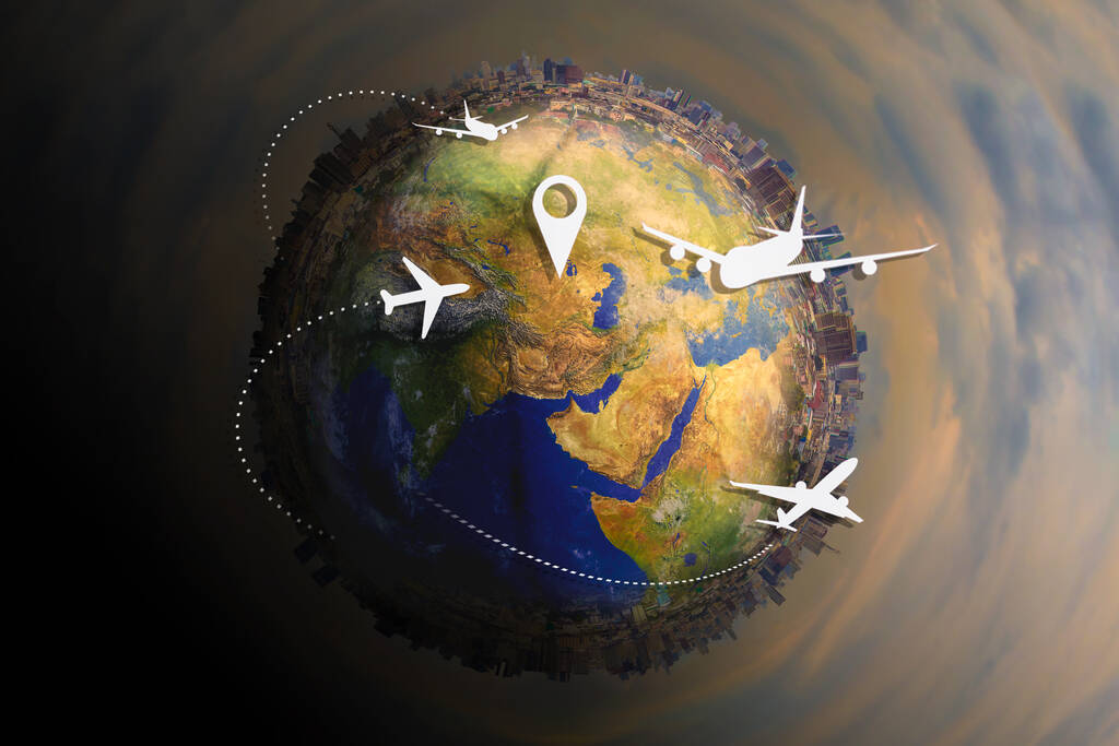 A global logistics delivery management system with aircraft simulated screens showing various flights for transport and passengers.