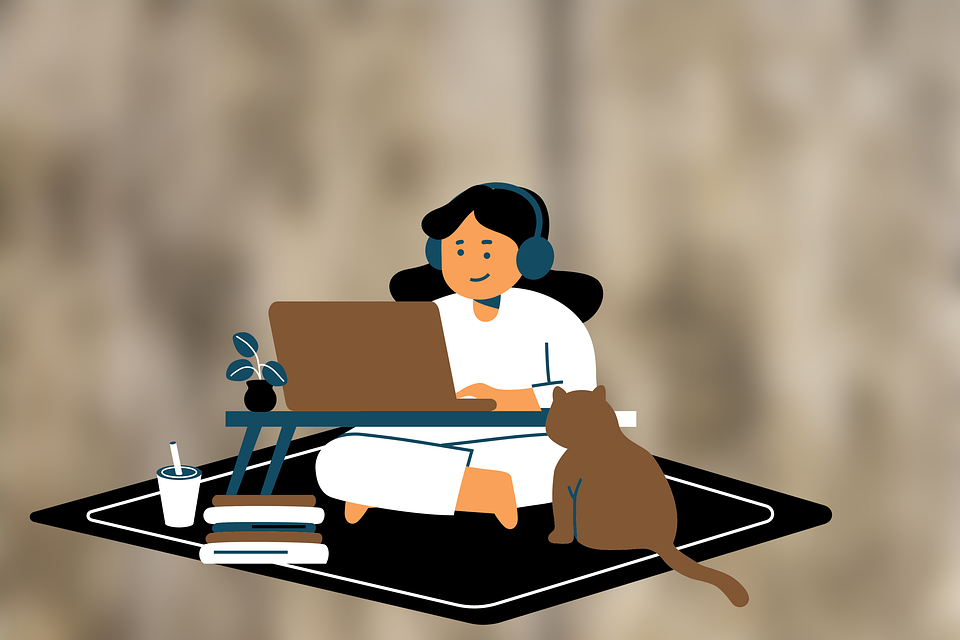 Illustration of a person working on laptop beside a cat