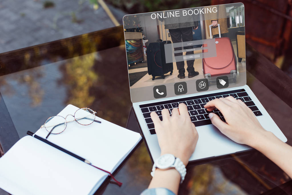  Girl using laptop for online booking