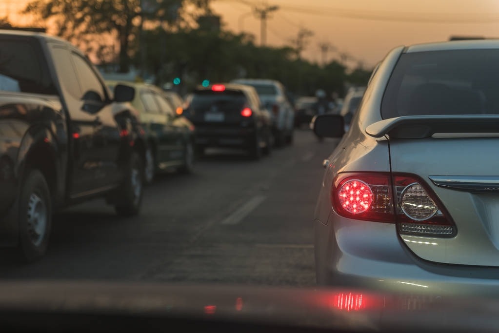 Traffic jam and row of cars